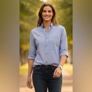 Zara blue/white narrow vertical stripes shirt, 3/4 length sleeves, great shape S